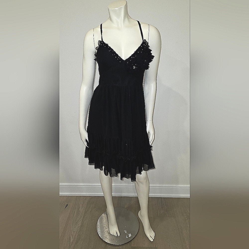 NWT New Look Black Ruffled Mini Dress Floral Decor US 6 Euro Summer